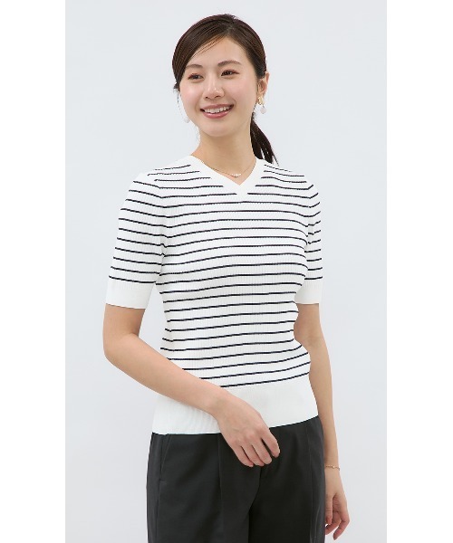 AOYAMA(アオヤマ)の「【前後2WAY】自宅で洗える!ボーダー半袖ニット/Vネック/クルーネック/ネイビー/パープル/5分袖|通勤&オフィス&入卒&セレモニー&オケージョン|(ニット/セーター・レディース・ネイビー/パープル・S/M/L/LL)」の10枚目の写真