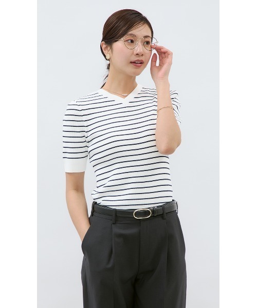 AOYAMA(アオヤマ)の「【前後2WAY】自宅で洗える!ボーダー半袖ニット/Vネック/クルーネック/ネイビー/パープル/5分袖|通勤&オフィス&入卒&セレモニー&オケージョン|(ニット/セーター・レディース・ネイビー/パープル・S/M/L/LL)」の11枚目の写真