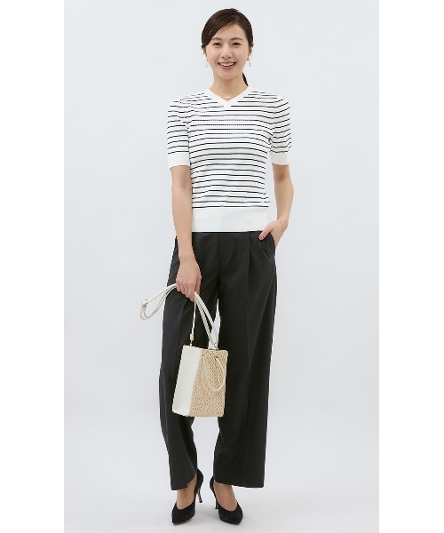 AOYAMA(アオヤマ)の「【前後2WAY】自宅で洗える!ボーダー半袖ニット/Vネック/クルーネック/ネイビー/パープル/5分袖|通勤&オフィス&入卒&セレモニー&オケージョン|(ニット/セーター・レディース・ネイビー/パープル・S/M/L/LL)」の12枚目の写真