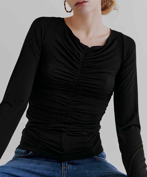 kiehtova(キエトヴァ)の「【kiehtova】MOIST GATHER LONG TEE/モイスト ギャザー ロング ティー KTWR31 ※(Tシャツ/カットソー・レディース・ホワイト/ブラック・FREE)」の1枚目の写真