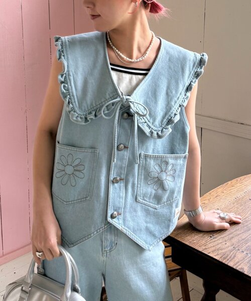 HELLO.SANFRANCISCO（ハローサンフランシスコ）の「【HELLO.SANFRANCISCO】衿取り外しデニムベスト（ベスト・レディース・サックスブルー・ONE SIZE）」の2枚目の写真