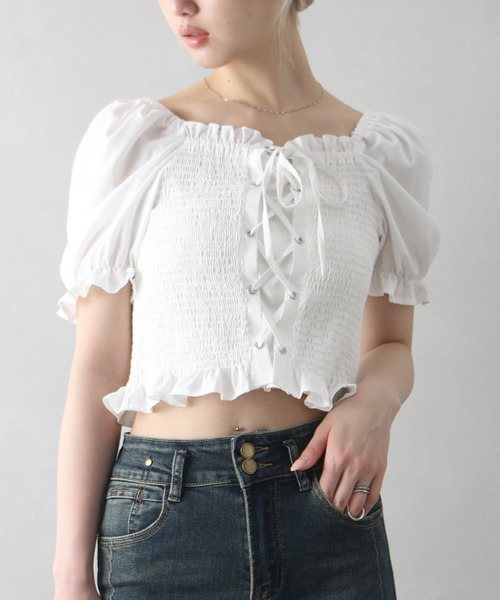 SpRay(スプレイ)の「レースアップオフショルショートスリーブブラウス(シャツ/ブラウス・レディース・ブラック×ホワイト/アイボリー/ブラック/オフホワイト・FREE)」の16枚目の写真