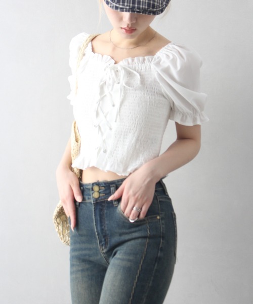 SpRay(スプレイ)の「レースアップオフショルショートスリーブブラウス(シャツ/ブラウス・レディース・ブラック×ホワイト/アイボリー/ブラック/オフホワイト・FREE)」の17枚目の写真