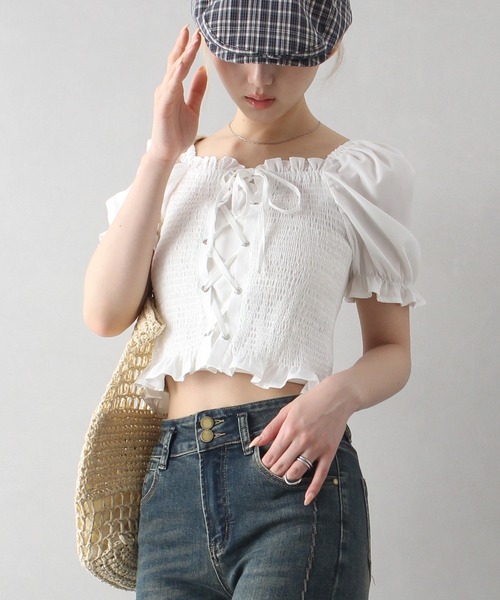 SpRay(スプレイ)の「レースアップオフショルショートスリーブブラウス(シャツ/ブラウス・レディース・ブラック×ホワイト/アイボリー/ブラック/オフホワイト・FREE)」の18枚目の写真