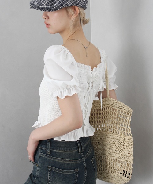 SpRay(スプレイ)の「レースアップオフショルショートスリーブブラウス(シャツ/ブラウス・レディース・ブラック×ホワイト/アイボリー/ブラック/オフホワイト・FREE)」の22枚目の写真