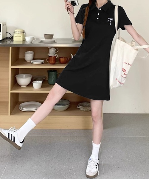 meJane（ミージェーン）の「リボン刺繍 ポロシャツミニワンピース（ワンピース・レディース・ネイビー/グレー/ブラック・M）」の2枚目の写真