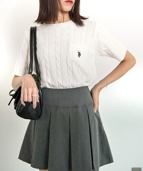 tシャツ 「U.S. POLO ASSN」ワンポイントロゴ半袖ケーブルサマーニット レディース U.S. POLO ASSN】ワンポイントロゴ半袖ケーブルサマーニット（T