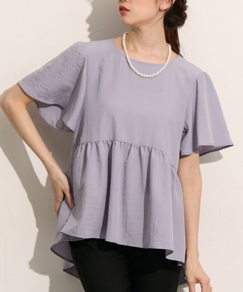 nissen（ニッセン）の「ふんわりペプラム半袖ブラウス（シャツ/ブラウス・レディース・ライトグリーン/ラベンダー/ダークグレー/オフホワイト・S/M/LL/3L/L）」の4枚目の写真