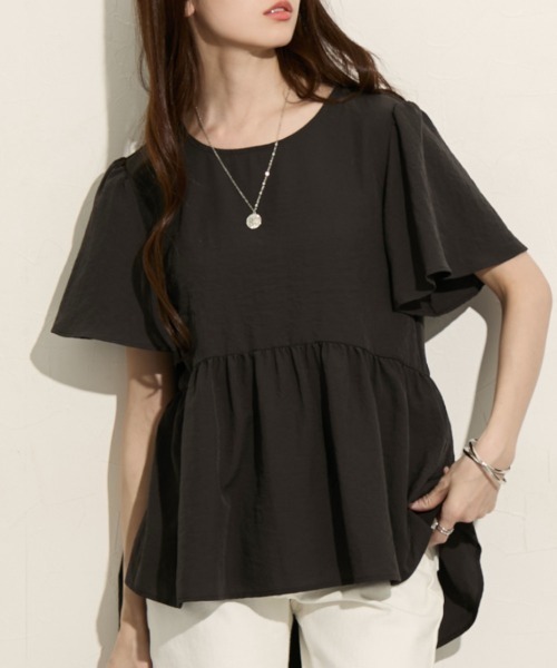 nissen（ニッセン）の「ふんわりペプラム半袖ブラウス（シャツ/ブラウス・レディース・ライトグリーン/ラベンダー/ダークグレー/オフホワイト・S/M/LL/3L/L）」の3枚目の写真