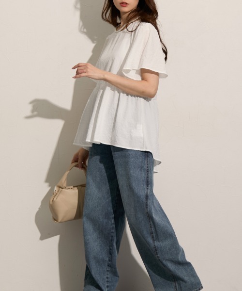 nissen（ニッセン）の「ふんわりペプラム半袖ブラウス（シャツ/ブラウス・レディース・ライトグリーン/ラベンダー/ダークグレー/オフホワイト・S/M/LL/3L/L）」の8枚目の写真