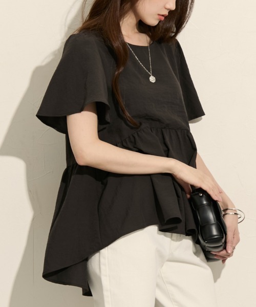 nissen（ニッセン）の「ふんわりペプラム半袖ブラウス（シャツ/ブラウス・レディース・ライトグリーン/ラベンダー/ダークグレー/オフホワイト・S/M/LL/3L/L）」の12枚目の写真