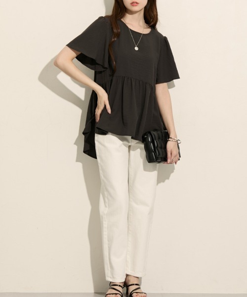 nissen（ニッセン）の「ふんわりペプラム半袖ブラウス（シャツ/ブラウス・レディース・ライトグリーン/ラベンダー/ダークグレー/オフホワイト・S/M/LL/3L/L）」の13枚目の写真