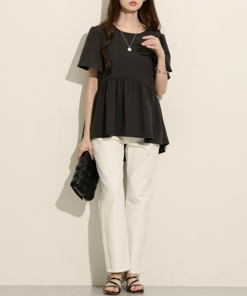 nissen（ニッセン）の「ふんわりペプラム半袖ブラウス（シャツ/ブラウス・レディース・ライトグリーン/ラベンダー/ダークグレー/オフホワイト・S/M/LL/3L/L）」の14枚目の写真