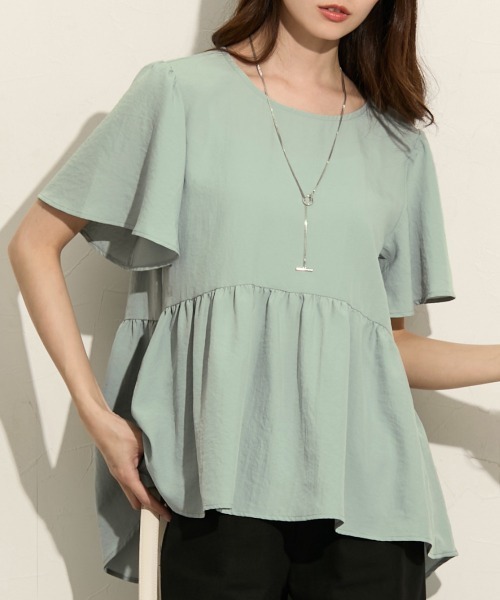 nissen（ニッセン）の「ふんわりペプラム半袖ブラウス（シャツ/ブラウス・レディース・ライトグリーン/ラベンダー/ダークグレー/オフホワイト・S/M/LL/3L/L）」の15枚目の写真