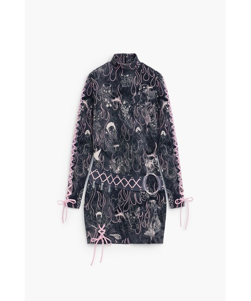 Desigual(デシグアル)の「【Desigual×Maria Escote】ゴシック柄ハイネックレースアップミニドレス(ワンピース・レディース・ブラック・XS/S/M/L/XL)」の6枚目の写真