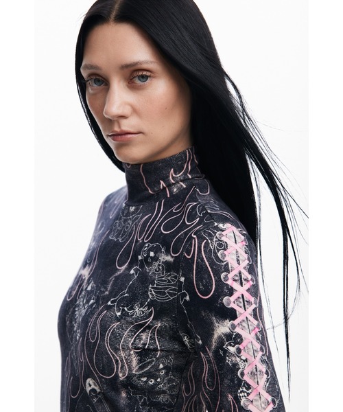 Desigual×Maria Escote】ゴシック柄ハイネックレースアップミニドレス