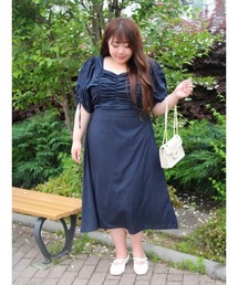 【大きいサイズ】【Kannaコラボ】シャーリングワンピース