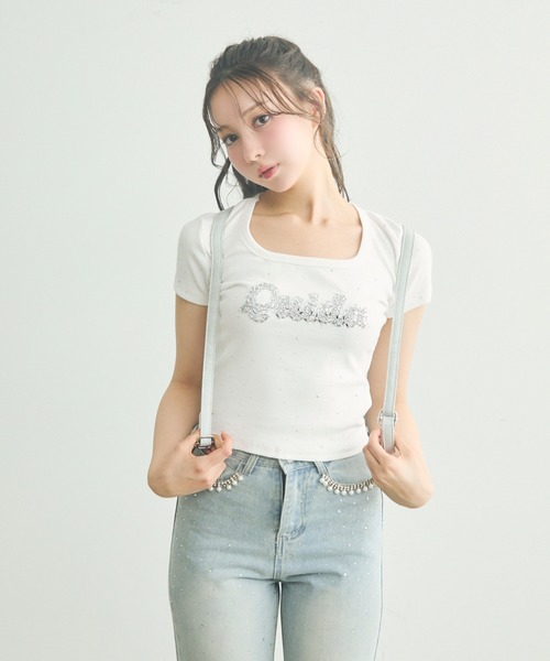 TITTY&CO.（ティティーアンドコー）の「ラインストーン付きロゴTee（Tシャツ/カットソー・レディース・ライトグレー/ブラック/ホワイト・FREE）」の5枚目の写真