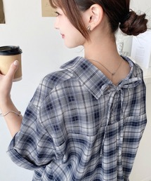 後ろ編み上げ半袖チェックシャツ