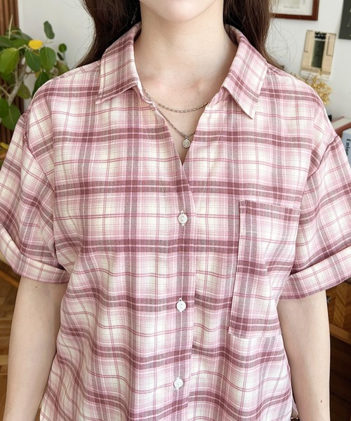 セール】後ろ編み上げ半袖チェックシャツ（シャツ/ブラウス）｜moment+