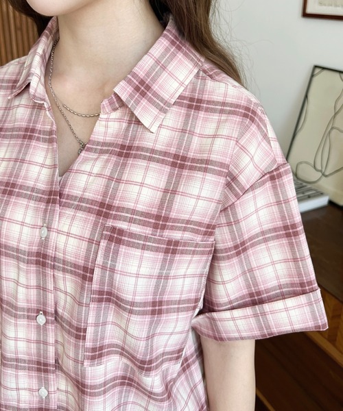 Katie ピンク チェック 半袖シャツ ブラウス Katie ピンク チェック