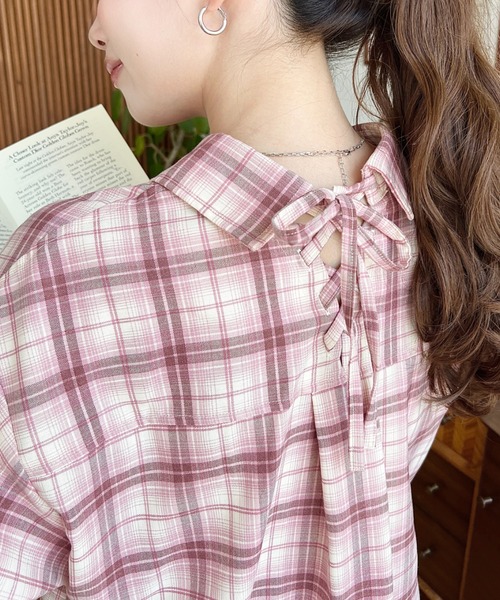 セール】後ろ編み上げ半袖チェックシャツ（シャツ/ブラウス）｜moment+