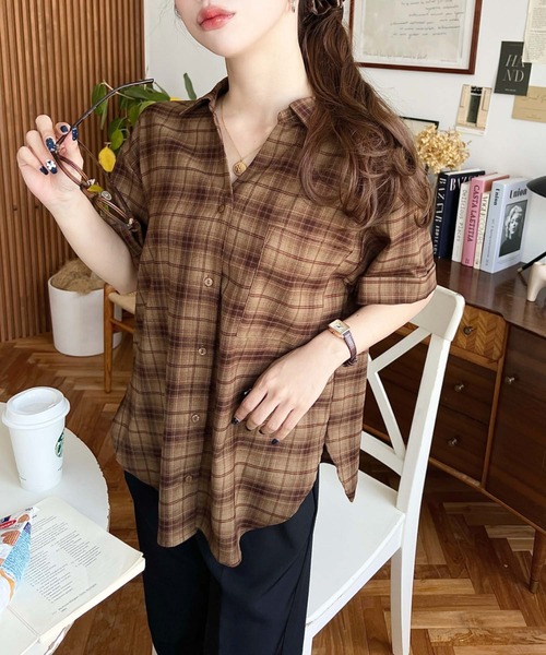 セール】後ろ編み上げ半袖チェックシャツ（シャツ/ブラウス）｜moment+