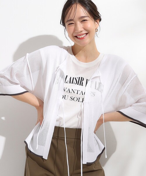 現行 Drawer 16G天竺編みクルーフレンチスリーブニット ホワイト 現行