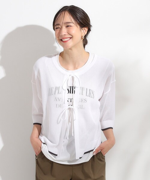 Cutie Blonde(キューティーブロンド)の「【2点セット/S-LL】メッシュリボン2WAYニット×フレンチスリーブTシャツ(その他トップス・レディース・レッド系1/ブルー/ホワイト・04/03/02/01)」の4枚目の写真