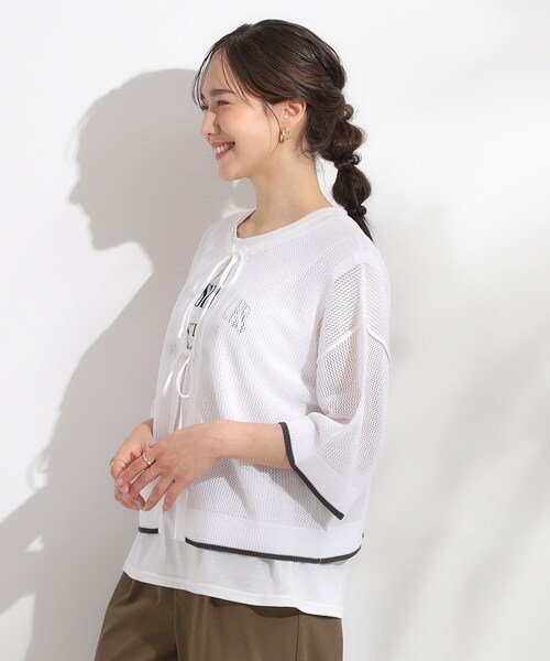 Cutie Blonde(キューティーブロンド)の「【2点セット/S-LL】メッシュリボン2WAYニット×フレンチスリーブTシャツ(その他トップス・レディース・レッド系1/ブルー/ホワイト・04/03/02/01)」の5枚目の写真