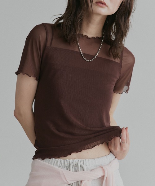 ad thie(アドティエ)の「ハーフスリーブ メローシアートップス(Tシャツ/カットソー・レディース・チャコール/ピンク/ライトグリーン/オフホワイト/ブラック/ブラウン/スモークピンク/ライトブルー・FREE/MEDIUM/LARGE)」の5枚目の写真