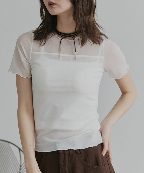ad thie(アドティエ)の「ハーフスリーブ メローシアートップス(Tシャツ/カットソー・レディース・チャコール/ピンク/ライトグリーン/オフホワイト/ブラック/ブラウン/スモークピンク/ライトブルー・FREE/MEDIUM/LARGE)」の2枚目の写真