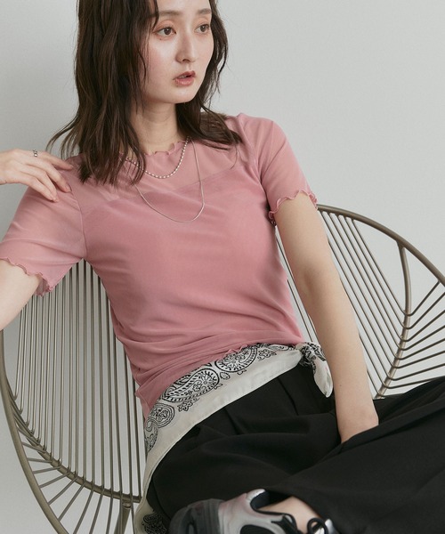 ad thie(アドティエ)の「ハーフスリーブ メローシアートップス(Tシャツ/カットソー・レディース・チャコール/ピンク/ライトグリーン/オフホワイト/ブラック/ブラウン/スモークピンク/ライトブルー・FREE/MEDIUM/LARGE)」の8枚目の写真