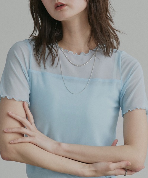 ad thie(アドティエ)の「ハーフスリーブ メローシアートップス(Tシャツ/カットソー・レディース・チャコール/ピンク/ライトグリーン/オフホワイト/ブラック/ブラウン/スモークピンク/ライトブルー・FREE/MEDIUM/LARGE)」の1枚目の写真