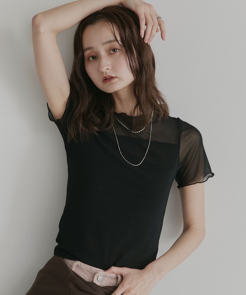 ad thie(アドティエ)の「ハーフスリーブ メローシアートップス(Tシャツ/カットソー・レディース・チャコール/ピンク/ライトグリーン/オフホワイト/ブラック/ブラウン/スモークピンク/ライトブルー・FREE/MEDIUM/LARGE)」の3枚目の写真