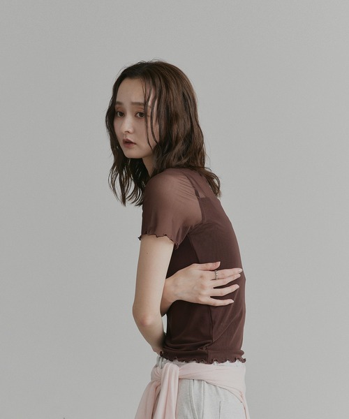 ad thie(アドティエ)の「ハーフスリーブ メローシアートップス(Tシャツ/カットソー・レディース・チャコール/ピンク/ライトグリーン/オフホワイト/ブラック/ブラウン/スモークピンク/ライトブルー・FREE/MEDIUM/LARGE)」の9枚目の写真