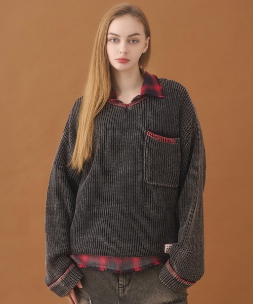 Short Length Color Stitch V-neck Knit / 短丈カラーステッチVネック