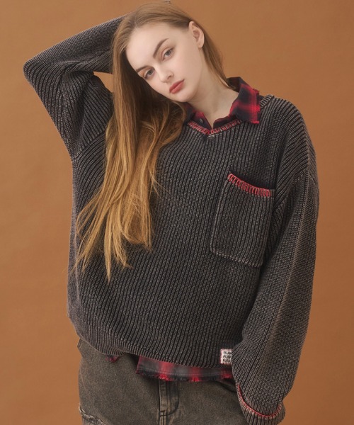 Short Length Color Stitch V-neck Knit / 短丈カラーステッチV