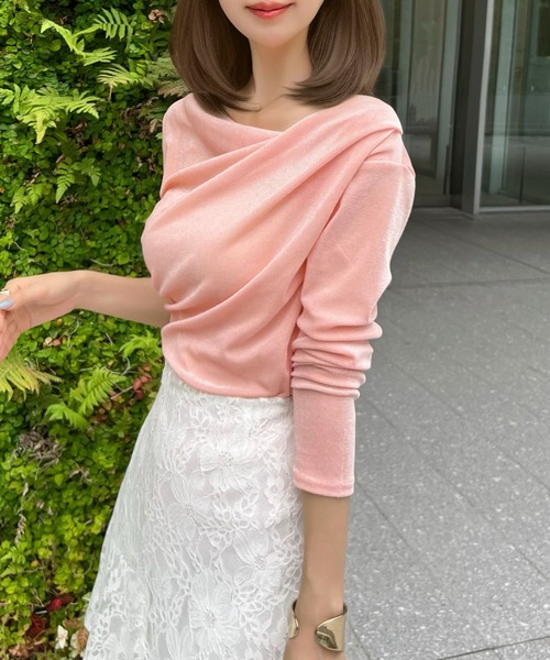 CHARME BY MICOLA(シャルムバイミコラ)の「大人な華やかさ♪シアーフロッキードレープトップス≪指穴付き≫(Tシャツ/カットソー・レディース・ブラック/オフホワイト/ピンク・FREE)」の22枚目の写真