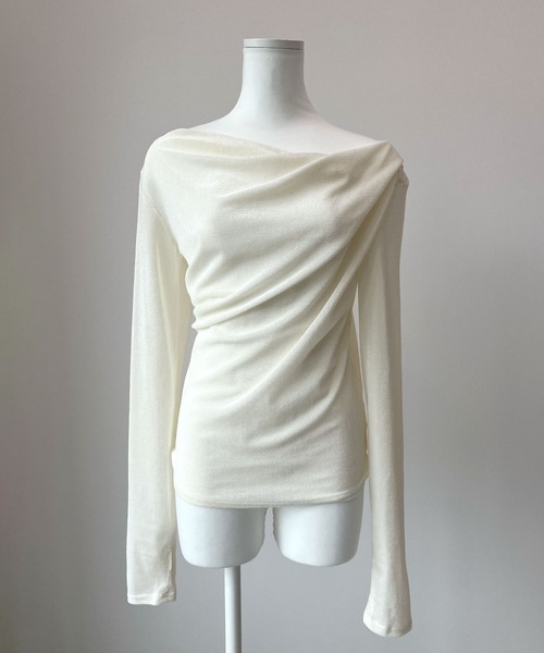 CHARME BY MICOLA(シャルムバイミコラ)の「大人な華やかさ♪シアーフロッキードレープトップス≪指穴付き≫(Tシャツ/カットソー・レディース・ブラック/オフホワイト/ピンク・FREE)」の6枚目の写真