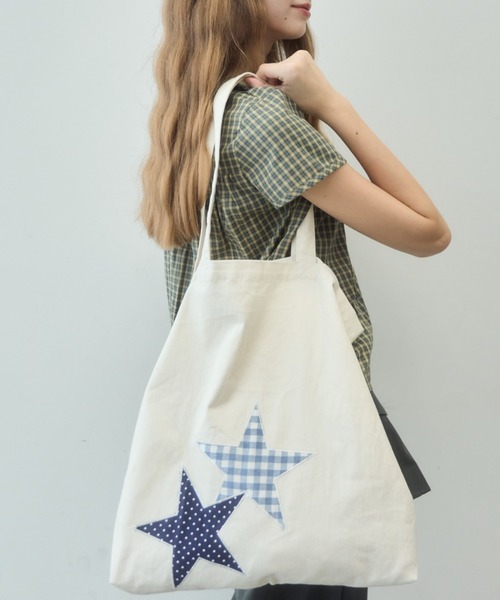 パッチワークあおりポケット付きトートバッグ パッチワークあおり