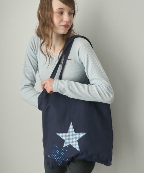 Birthday room（バースデイルーム）の「パッチワークスタートートBAG/Patchwork Star Tote Bag（トートバッグ・レディース・ブラック/ネイビー/アイボリー・FREE）」の9枚目の写真