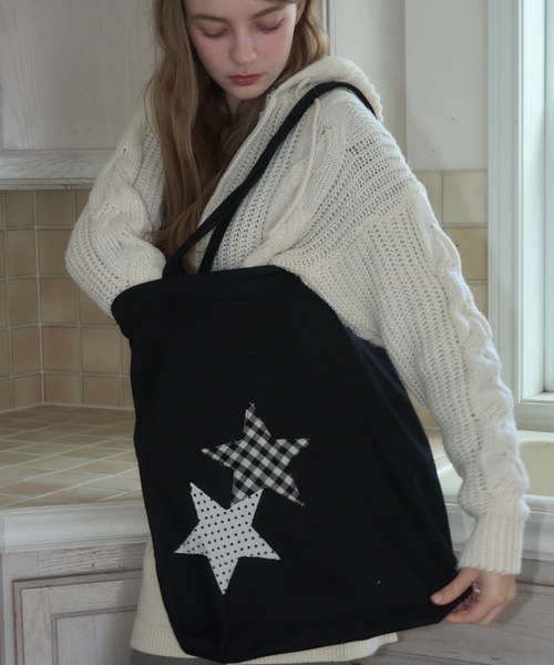 Birthday room（バースデイルーム）の「パッチワークスタートートBAG/Patchwork Star Tote Bag（トートバッグ・レディース・ブラック/ネイビー/アイボリー・FREE）」の4枚目の写真