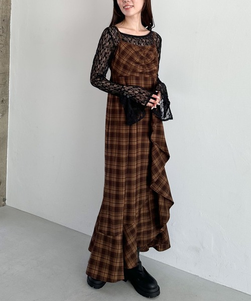 archives（アルシーヴ）の「’チェックアソートラッフルキャミワンピース’（ワンピース・レディース・ブラック/ブラウン/ネイビー・MEDIUM）」の4枚目の写真