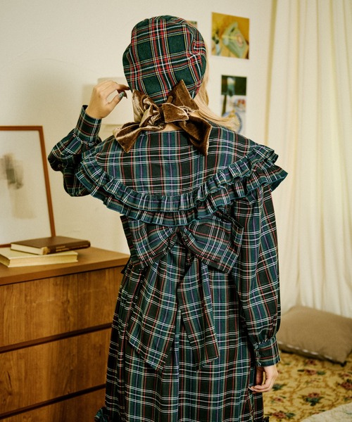 クティールとレトロ チェックリボンビスチェセットフリル襟ワンピース ブラック クティールとレトロ】チェックリボンビスチェセットフリル襟