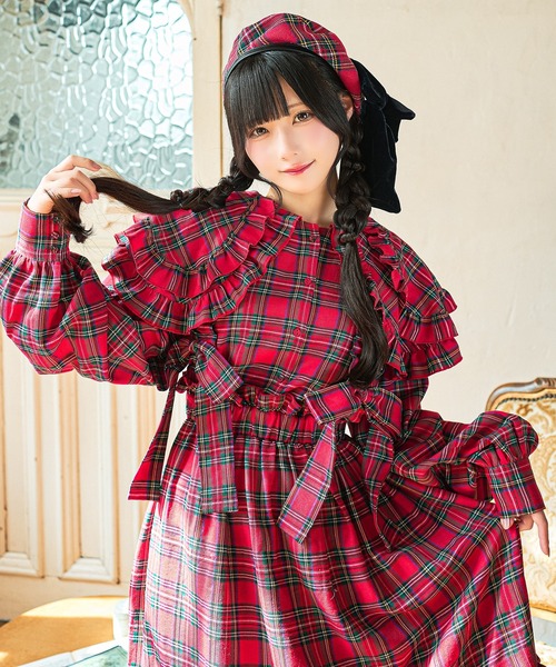 kutir（クティール）の「【クティールとレトロ】リボンビスチェSETチェックジャンパースカート（ジャンパースカート・レディース・ブラウン/グリーン/レッド/イエロー・SMALL/MEDIUM/LARGE）」の5枚目の写真