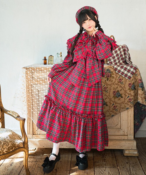 美品 赤色チェック ジャンパースカート♡カチューシャセット セール】【クティールとレトロ】リボンビスチェSETチェックジャンパー