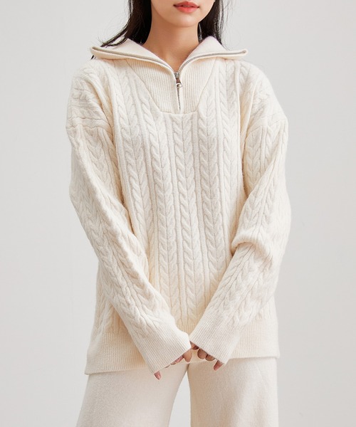 Lace Ladies(レースレディース)の「ウールライク ケーブル編み ハーフジップ ニット セットアップ(セットアップ・レディース・ブラック/アイボリー/グレイッシュベージュ・FREE)」の1枚目の写真