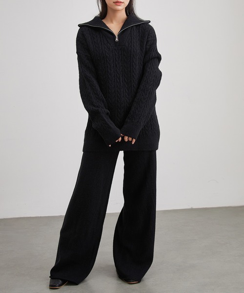 Lace Ladies(レースレディース)の「ウールライク ケーブル編み ハーフジップ ニット セットアップ(セットアップ・レディース・ブラック/アイボリー/グレイッシュベージュ・FREE)」の10枚目の写真