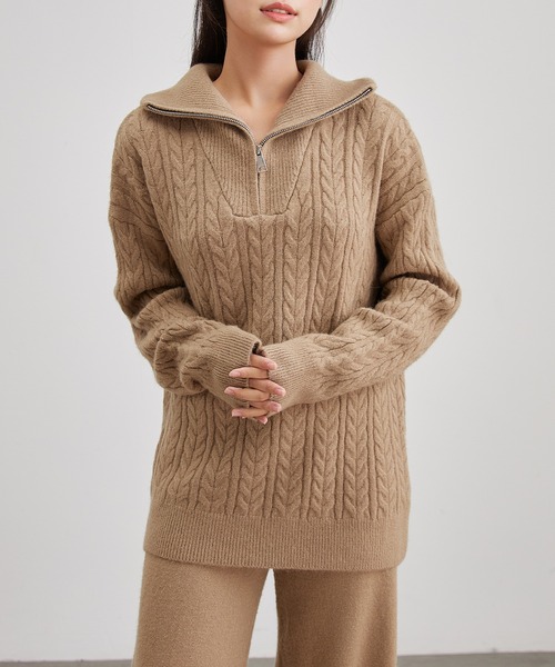 Lace Ladies(レースレディース)の「ウールライク ケーブル編み ハーフジップ ニット セットアップ(セットアップ・レディース・ブラック/アイボリー/グレイッシュベージュ・FREE)」の18枚目の写真